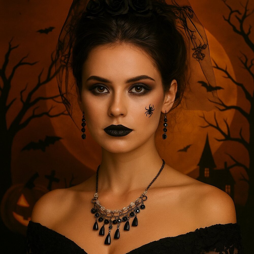 Necklace & Earrings Set 1980 Black/Clear Facet Beads
